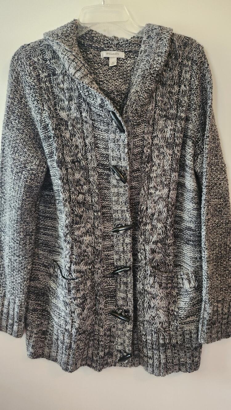 Dressbarn Women's XL Cardigan Sweater Black White Marled Chunky Knit #246